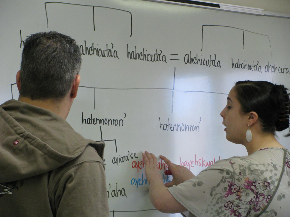 Graduate student Megan Lukaniec examining data with a consultant.